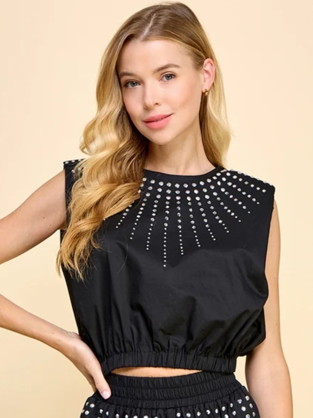 TCEC Black Short-Sleeve Studded Elastic-Hem Top